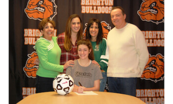 Brighton's Delaney Bussey poses with her family after signing a soccer letter-of-intent with the University of South Carolina-Upstate last week. She was one of seven Brighton athletes to sign on Feb. 3. (Photos courtesy of Brighton High School athletics)